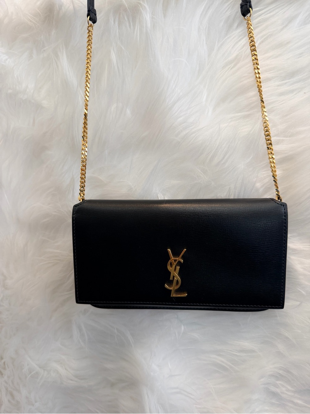 Saint Laurent Black Leather Crossbody phone holder with Gold YSL Chain